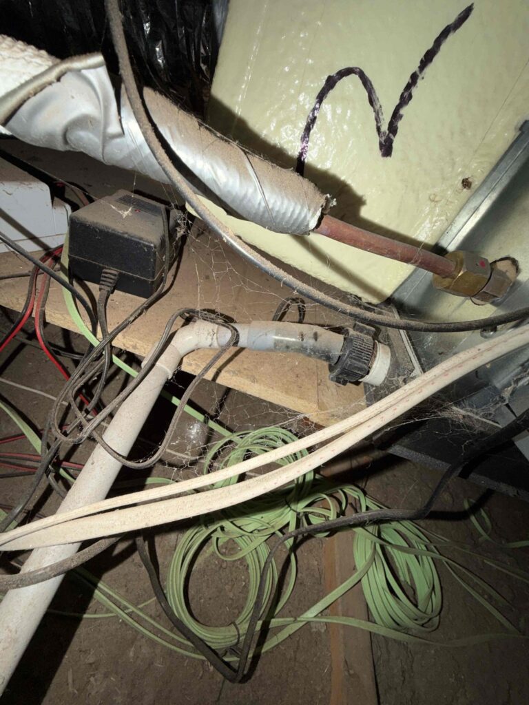 Air Conditioning Installation Mistakes 19 Undersized drains. White insulation pipes and Un-insulated pipework