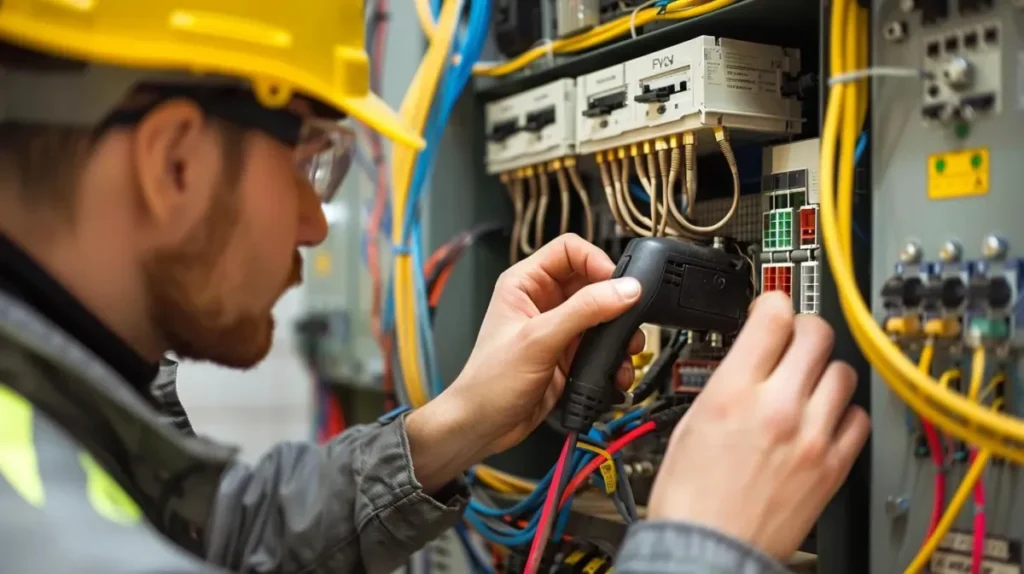 Why You Should Always Hire a Professional for Electrical Fault Finding 4 Licensed electrician in a hard hat and safety glasses testing a switchboard with a meter during electrical fault finding