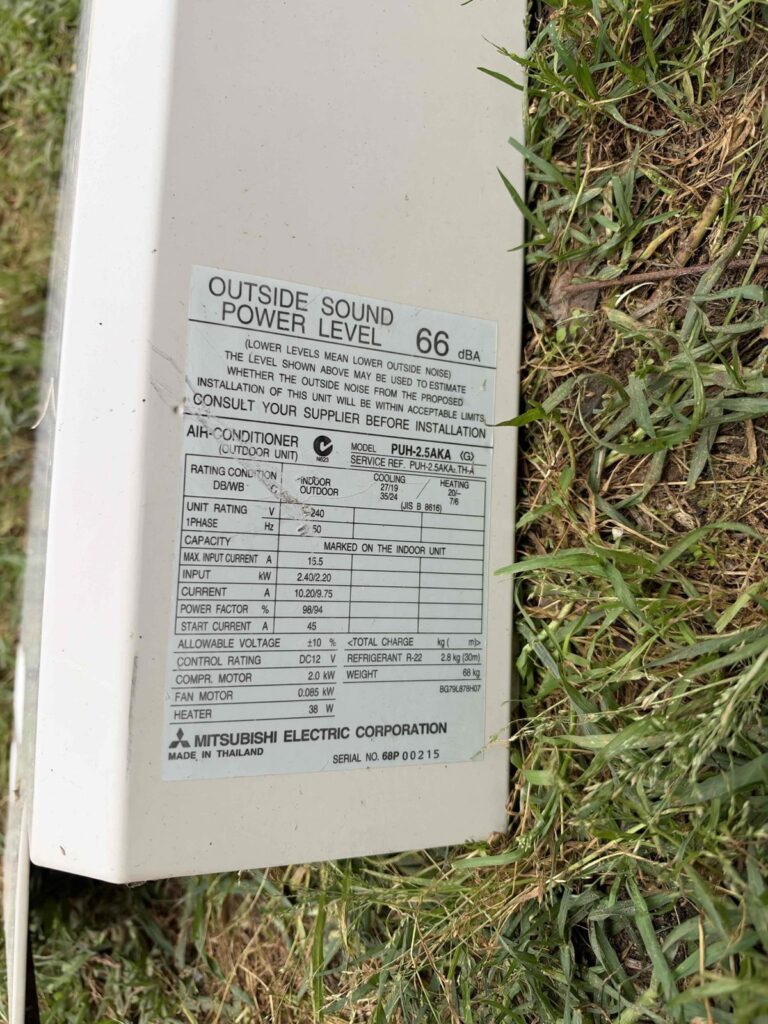Reverse Cycle Air Conditioner P8 Fault in Kurralta Park: Leaking Schrader Valve and R438A Retrofit Repair 2 Outdoor unit rating plate showing model, R22 refrigerant charge and serial number